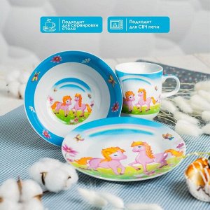 Набор детской посуды из керамики Доляна «Пони», 3 предмета: кружка 230 мл, миска 400 мл, тарелка d=18 см