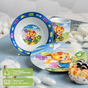 Набор детской посуды из керамики Доляна «Мишка на велосипеде», 3 предмета: кружка 230 мл, миска 400 мл, тарелка d=18 см