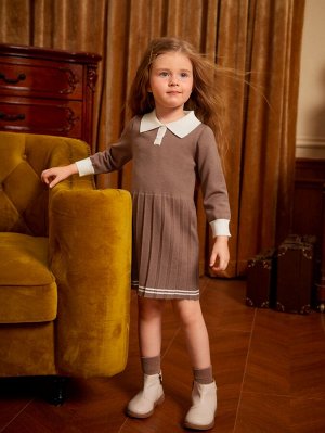 Для девочек Платье-свитер с контрастной отделкой плиссированное