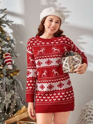Для девочек-подростков Платье-свитер с рождественским узором со спущенным плечом