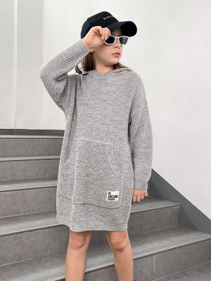 Для девочек Платье-свитер со спущенным плечом с заплатой с капюшоном