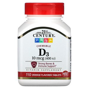 21st Century, Витамин D3, жевательные, апельсин, 10 мкг (400 МЕ), 110 таблеток