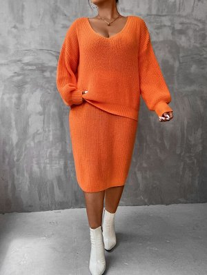 Размера плюс Вязанная юбка & свитер с v-образным вырезом со спущенным плечом