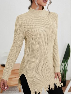 Рваный свитер с воротником-стойкой с разрезом