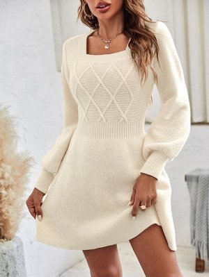 Платье-свитер с квадратным воротником с рукавами-фонариками без пояса