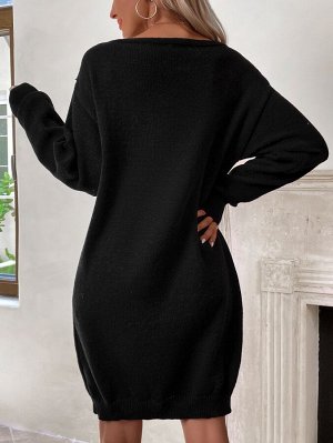 Платье-свитер с гипюровой кружевной отделкой со спущенным плечом без пояса