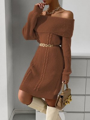 Платье-свитер с открытыми плечами фактурной вязки без пояса