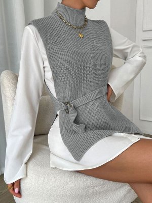 Вязаный жилет с воротником-стойкой с разрезом на рукавах с поясом без блузки