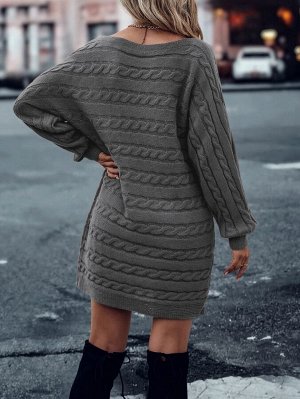 1шт Платье-свитер фактурной вязки с рукавами "летучая мышь" без пояса