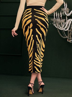 Вязаная юбка с тигровым узором с рисунком с разрезом сзади без пояса