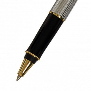 Ручка подарочная шариковая в кожзам футляре ПБ S, корпус серебро с золотом