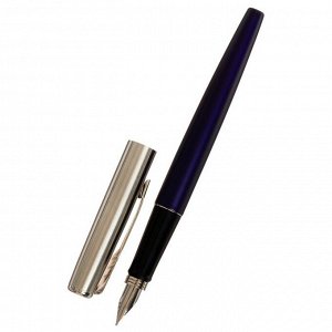 Ручка подарочная перьевая в кожзам футляре ПБ J, корпус синий с серебром