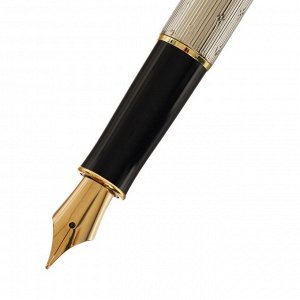 Ручка подарочная перьевая в кожзам футляре ПБ S, корпус серебро с золотом