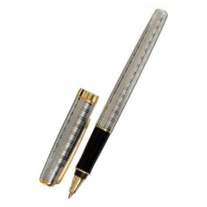 Ручка подарочная шариковая в кожзам футляре ПБ S, корпус серебро с золотом