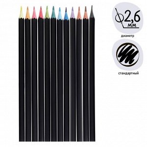 Карандаши 12 цветов Calligrata, "Черная серия" заточенные, шестигранные, пластиковые, картонная упаковка, европодвес