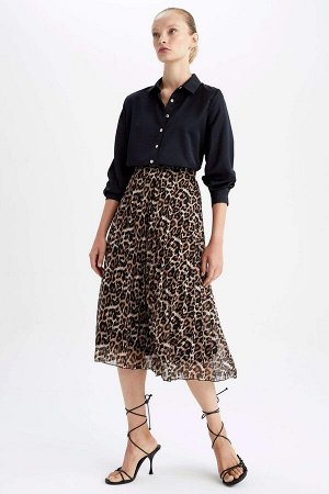Плиссированная шифоновая юбка-миди трапециевидной формы с леопардовым принтом и эластичной талией