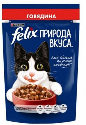 FELIX Природа вкуса влажный корм для кошек кусочки Говядины в подливе 75 г пауч