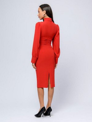 Платье красного цвета длины миди с воротником-стойкой и пышными рукавами