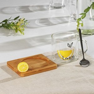 Кружка стеклянная с деревянной подставкой и ложкой «Лимон», 300 мл, рисунок МИКС