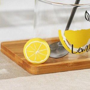 Кружка стеклянная с деревянной подставкой и ложкой «Лимон», 300 мл, рисунок МИКС