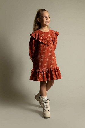 Хлопковое платье с длинными рукавами и узором для девочек