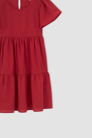 Платье средней посадки с круглым вырезом и короткими рукавами для девочек, льняное платье
