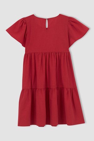 Платье средней посадки с круглым вырезом и короткими рукавами для девочек, льняное платье