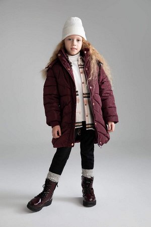 Длинное пальто с капюшоном и подкладкой из искусственного меха для девочек