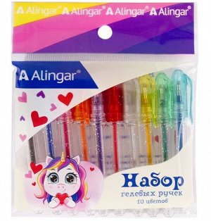 Набор гелевых мини-ручек Alingar &quot;Единорожка&quot;, 10 цв, неоновые цвета с блеском, ароматизированные, прозрачный корпус с блёстками, пакет с европодвесом