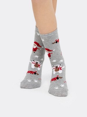 Детские высокие носки в оттенке серый меланж с новогодними рисунками (1 упаковка по 5 пар)
