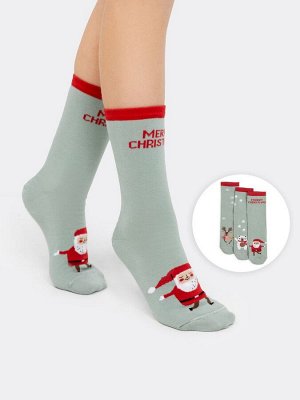 Мультипак высоких детских носков (3 упаковки по 3 пары) в оттенке эвкалипт с новогодними рисунками
