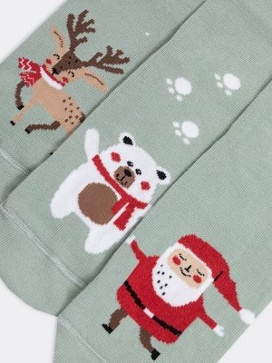 Мультипак высоких детских носков (3 упаковки по 3 пары) в оттенке эвкалипт с новогодними рисунками