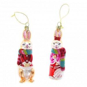 Набор елочных украшений Кролики на зимней прогулке 2 предмета стекло