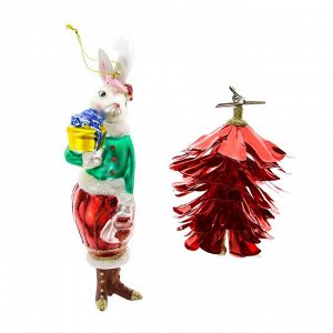 Набор елочных украшений Кролик-дама с подарками 2 предмета стекло
