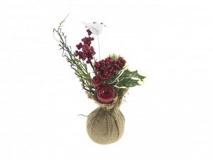 Новогодняя композиция Еловая веточка с ягодами и птичкой в джутовом мешочке 25 см