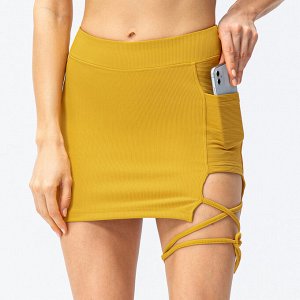 Шорты-юбка женские с завязками, цвет горчичный