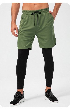 Леггинсы спортивные мужские с шортами, цвет зеленый/черный
