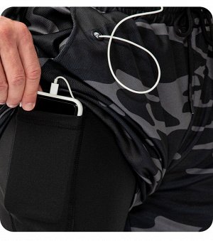 Леггинсы спортивные мужские с шортами в камуфляжным принтом, цвет серый/черный