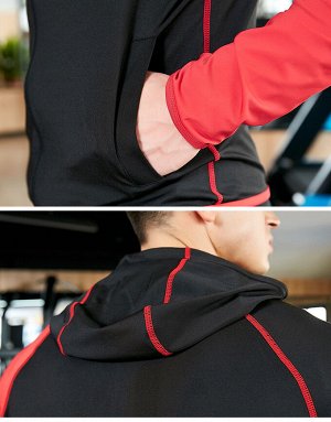 Кофта спортивная мужская на молнии с капюшоном, цвет черный/красный