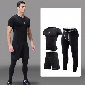 Комплект спортивный мужской (футболка, шорты и леггинсы), цвет черный