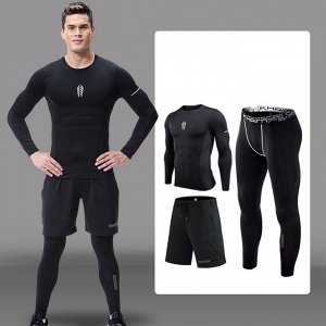 Комплект спортивный мужской (лонгслив, шорты и леггинсы), цвет черный