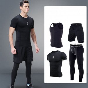 Комплект спортивный мужской (майка, футболка, шорты и леггинсы), цвет черный