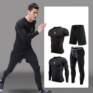 Комплект спортивный мужской (лонгслив, футболка, шорты и леггинсы), цвет черный