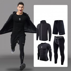 Комплект спортивный мужской (олимпийка, лонгслив, шорты и леггинсы), цвет черный