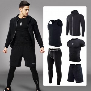 Комплект спортивный мужской (майка, олимпийка, футболка, шорты и леггинсы), цвет черный