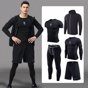 Комплект спортивный мужской (футболка, олимпийка, лонгслив, шорты и леггинсы), цвет черный