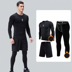 Комплект утепленный спортивный мужской (лонгслив, шорты и леггинсы), цвет черный