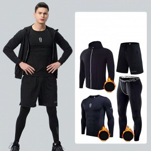 Комплект утепленный спортивный мужской (олимпийка, лонгслив, шорты и леггинсы), цвет черный
