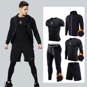 Комплект утепленный спортивный мужской (олимпийка, лонгслив, футболка, шорты и леггинсы), цвет черный