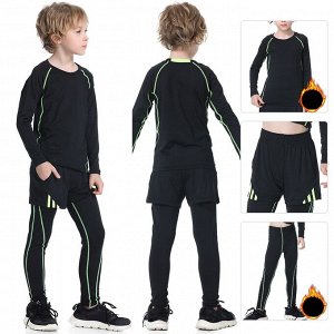 Комплект спортивный детский для мальчика (лонгслив, шорты и леггинсы) утепленный, цвет черный/салатовый